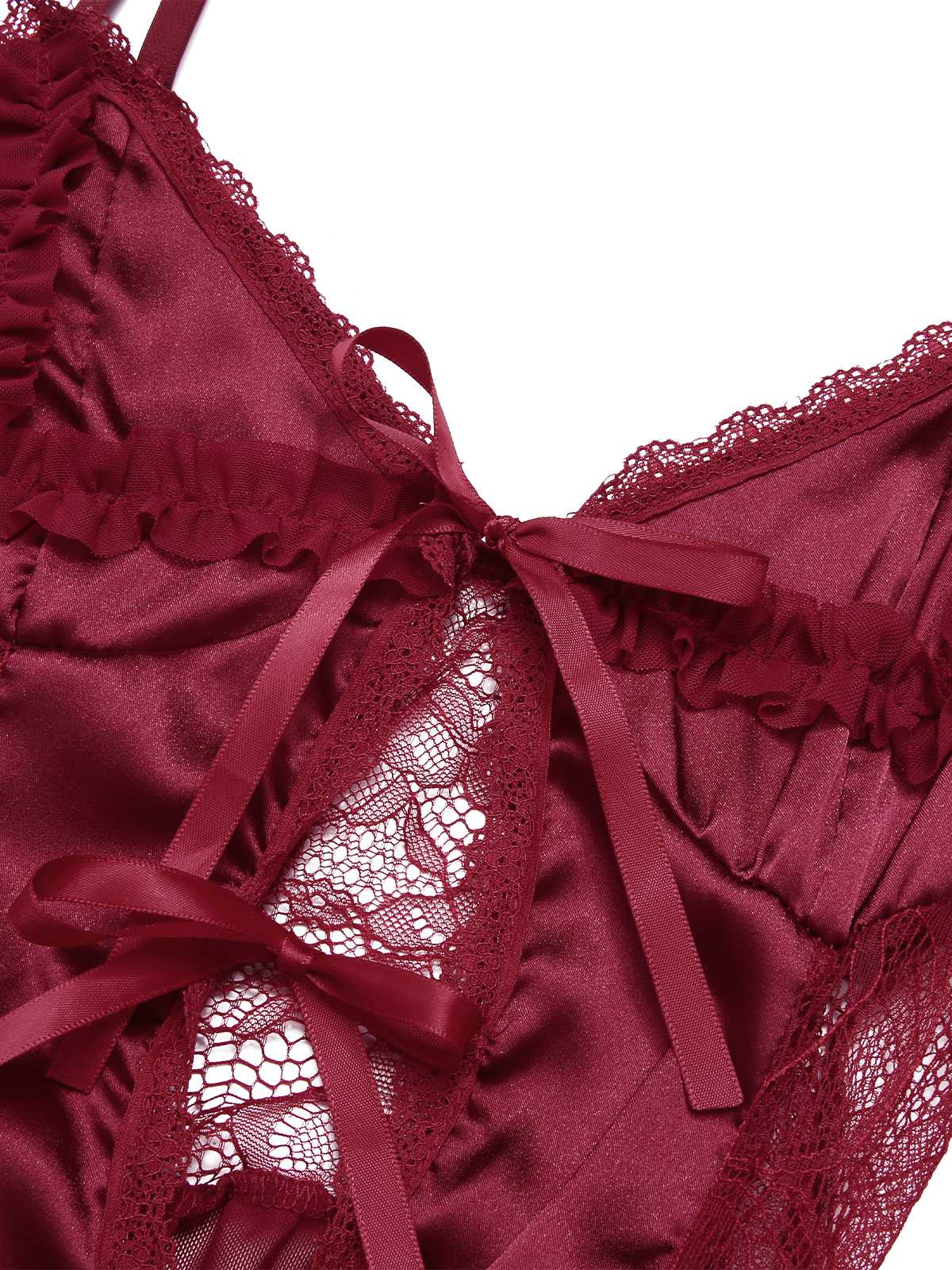 1950s Spaghetti Strap Sheer Lace Satin Bow Nightgown - Image 5