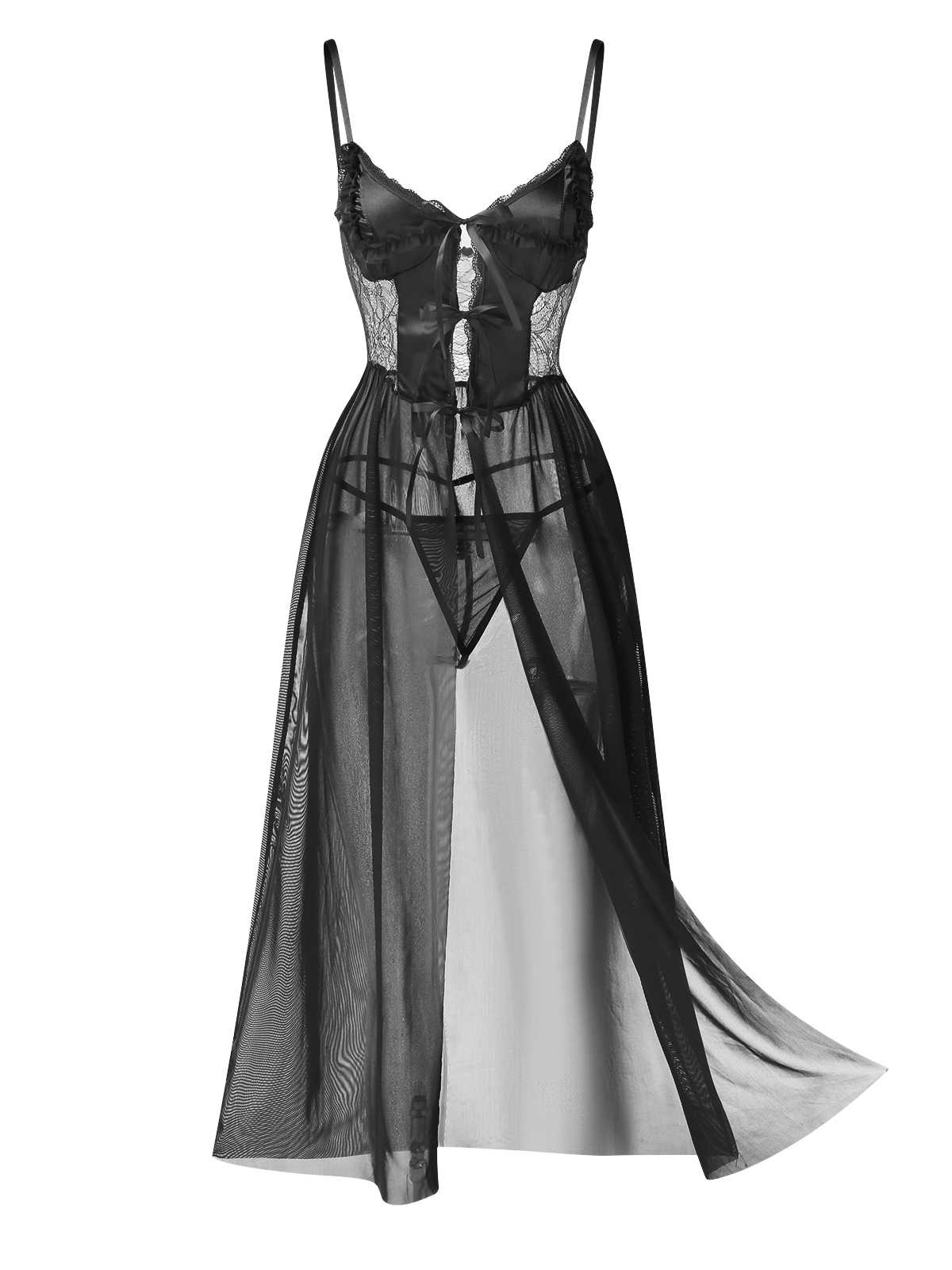 1950s Spaghetti Strap Sheer Lace Satin Bow Nightgown - Image 6