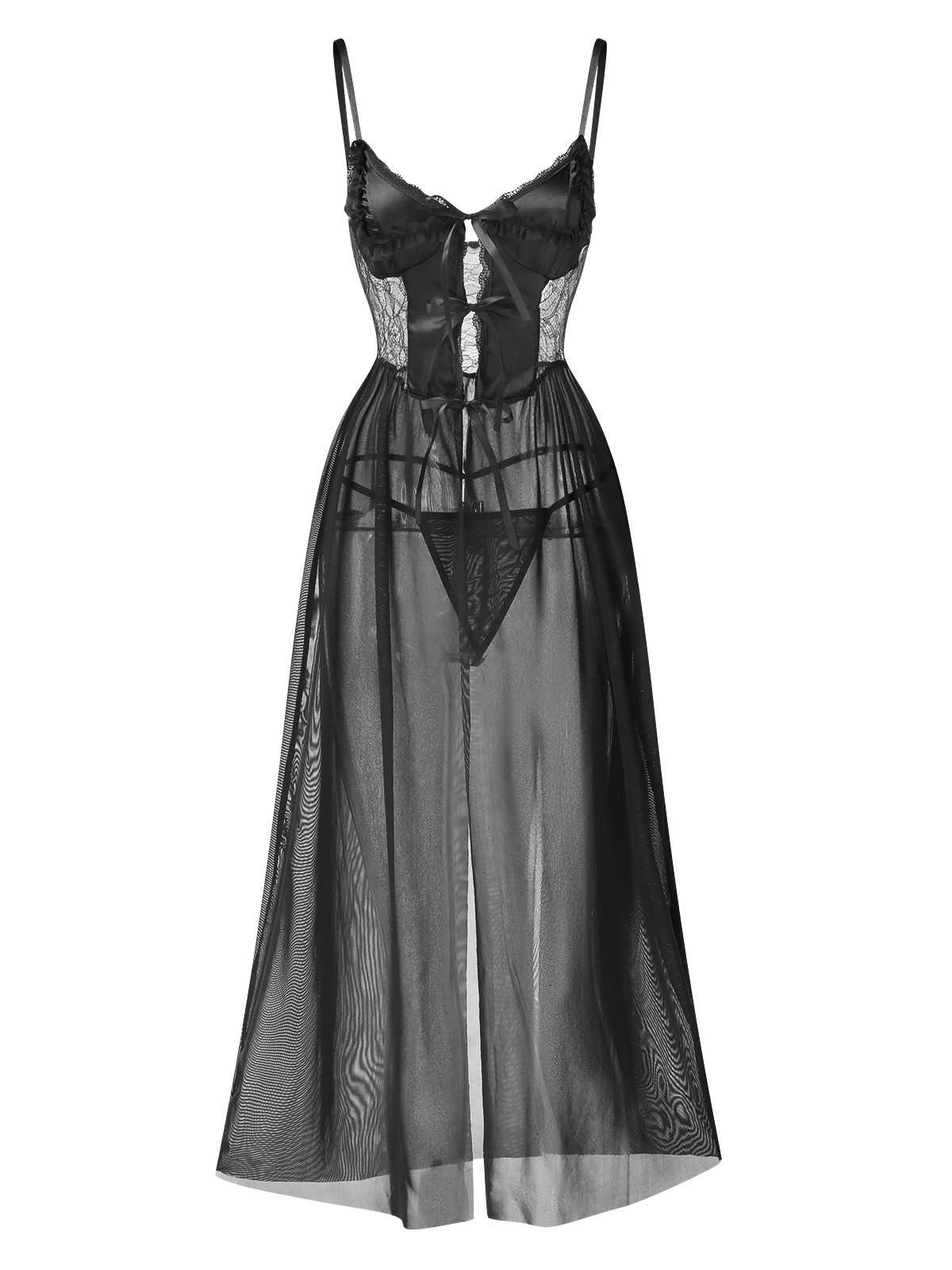 1950s Spaghetti Strap Sheer Lace Satin Bow Nightgown - Image 7