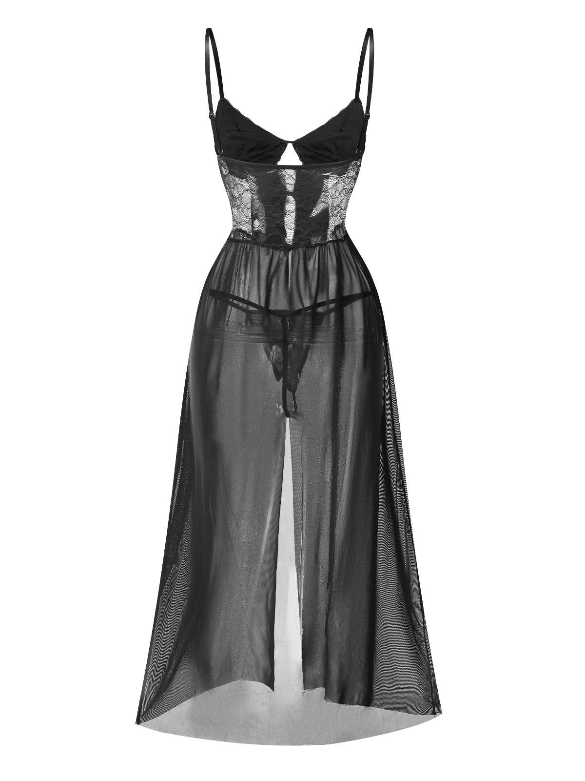 1950s Spaghetti Strap Sheer Lace Satin Bow Nightgown - Image 8