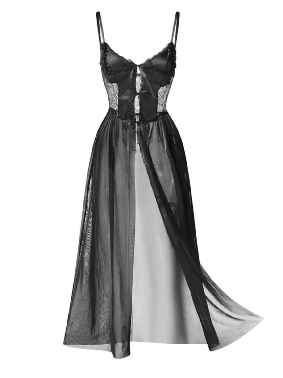 1950s Spaghetti Strap Sheer Lace Satin Bow Nightgown - Image 9