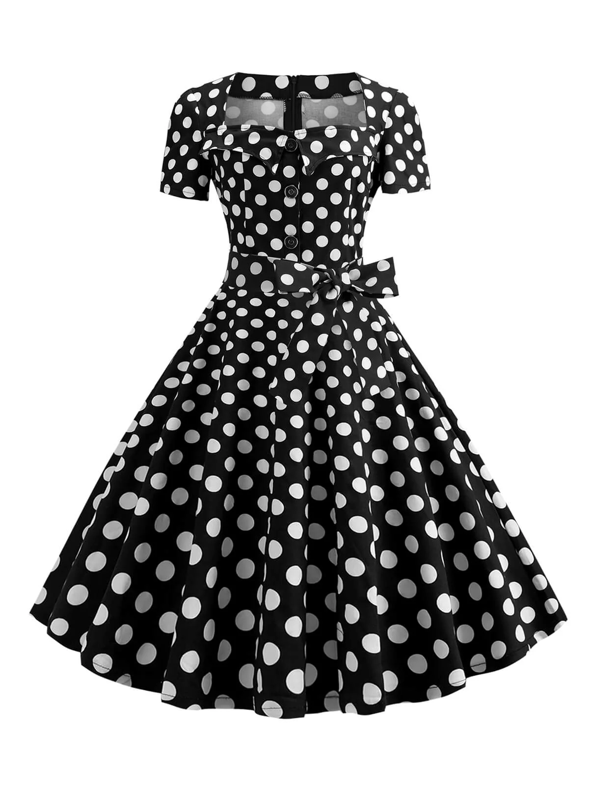 1950s Square Neck Short Sleeves Dress With Accessories Set - Image 2