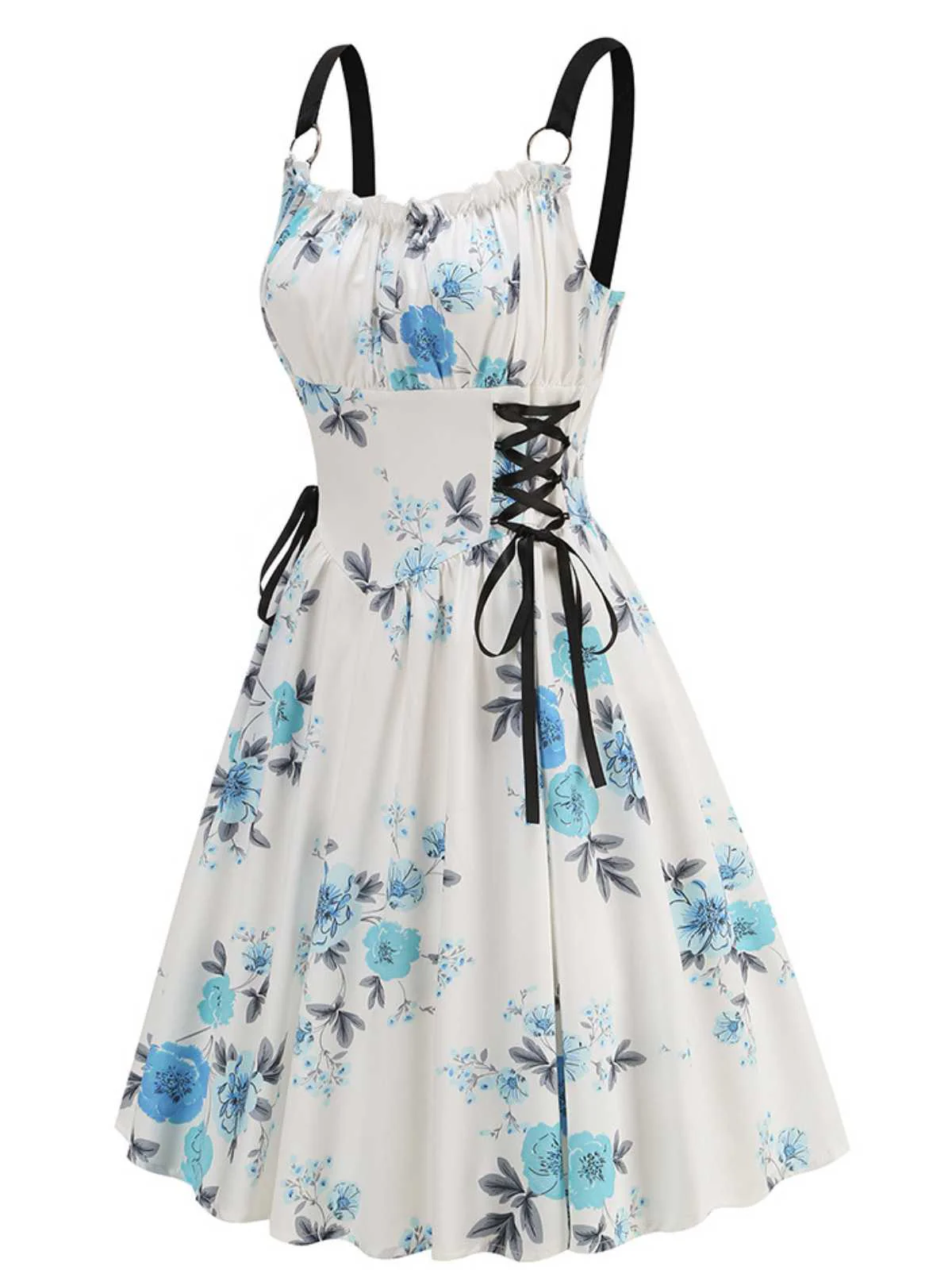 1950s Strap Floral Butterflies Lace-Up Corset Dress - Image 10