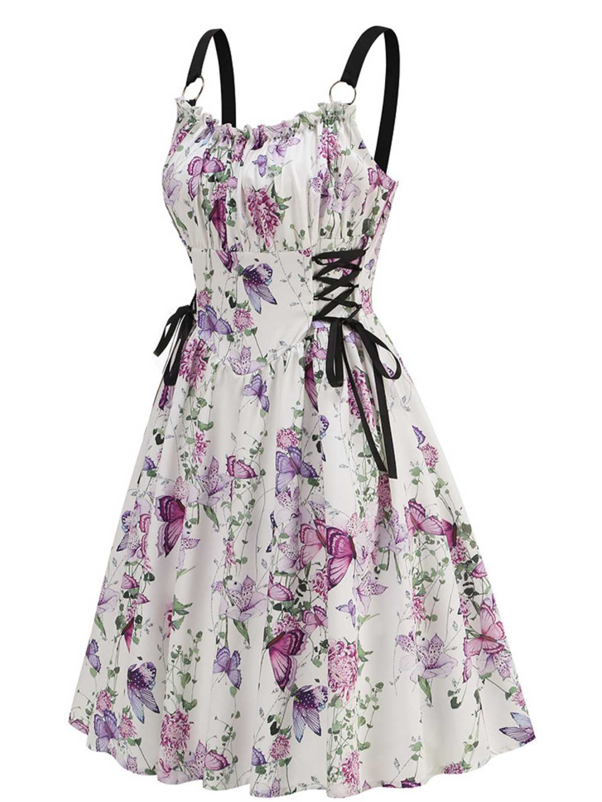 1950s Strap Floral Butterflies Lace-Up Corset Dress - Image 2