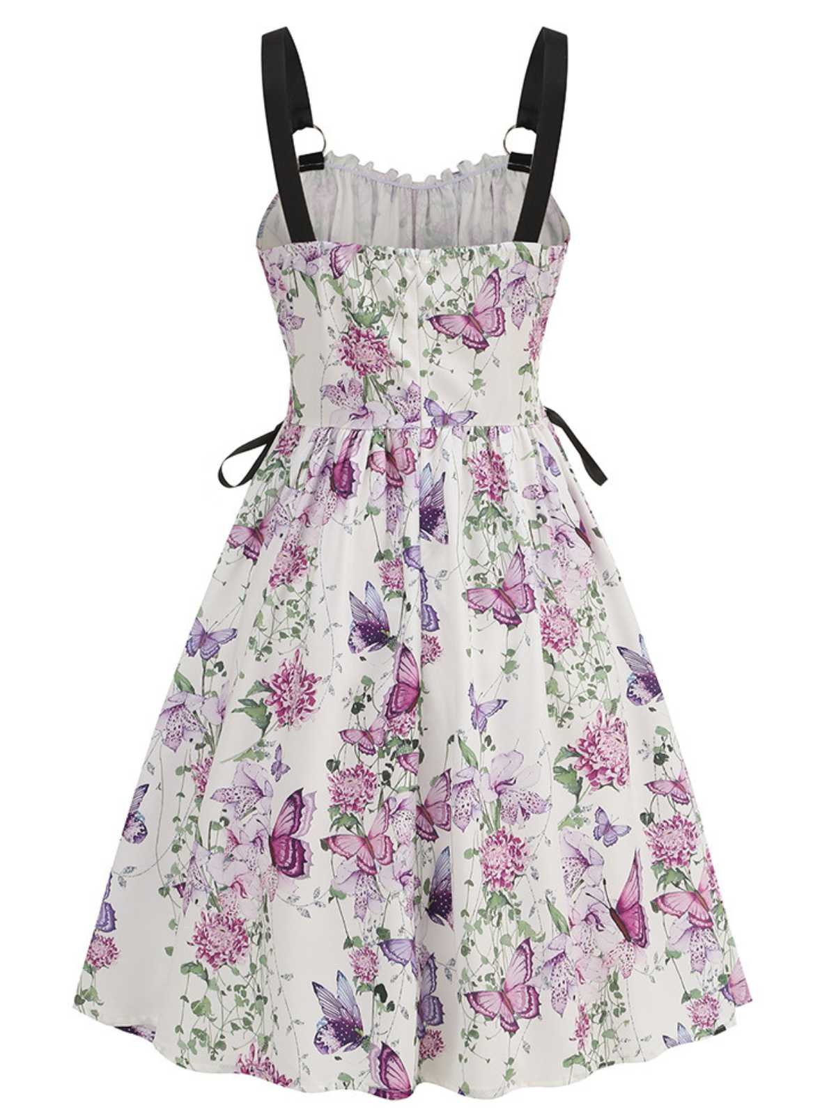 1950s Strap Floral Butterflies Lace-Up Corset Dress - Image 3