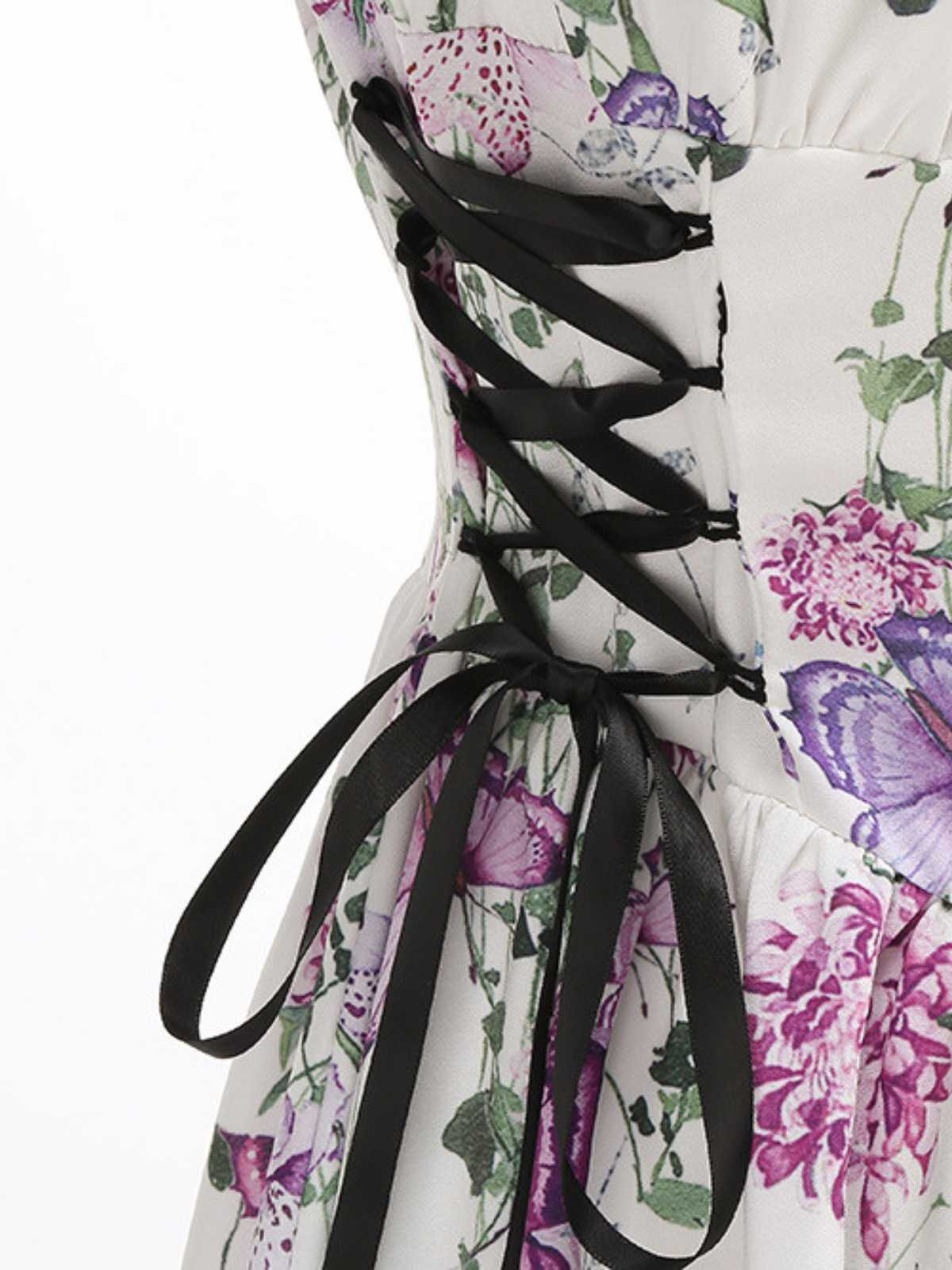 1950s Strap Floral Butterflies Lace-Up Corset Dress - Image 4