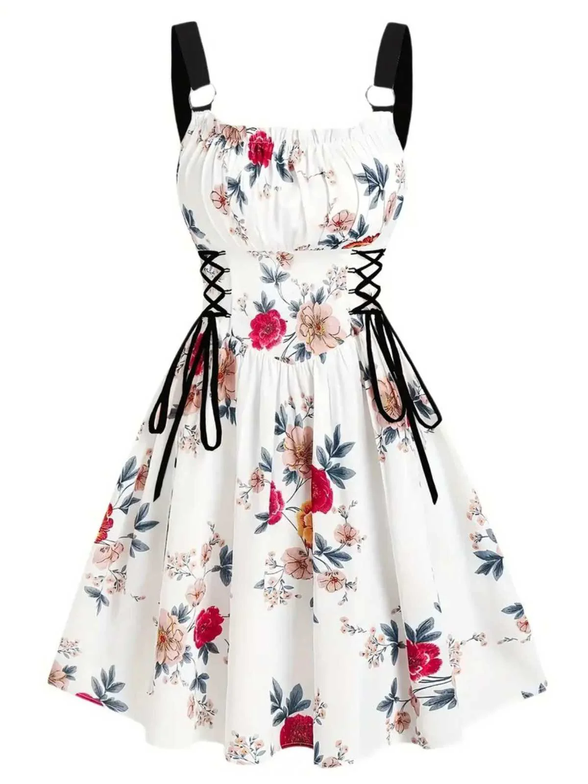 1950s Strap Floral Butterflies Lace-Up Corset Dress - Image 6