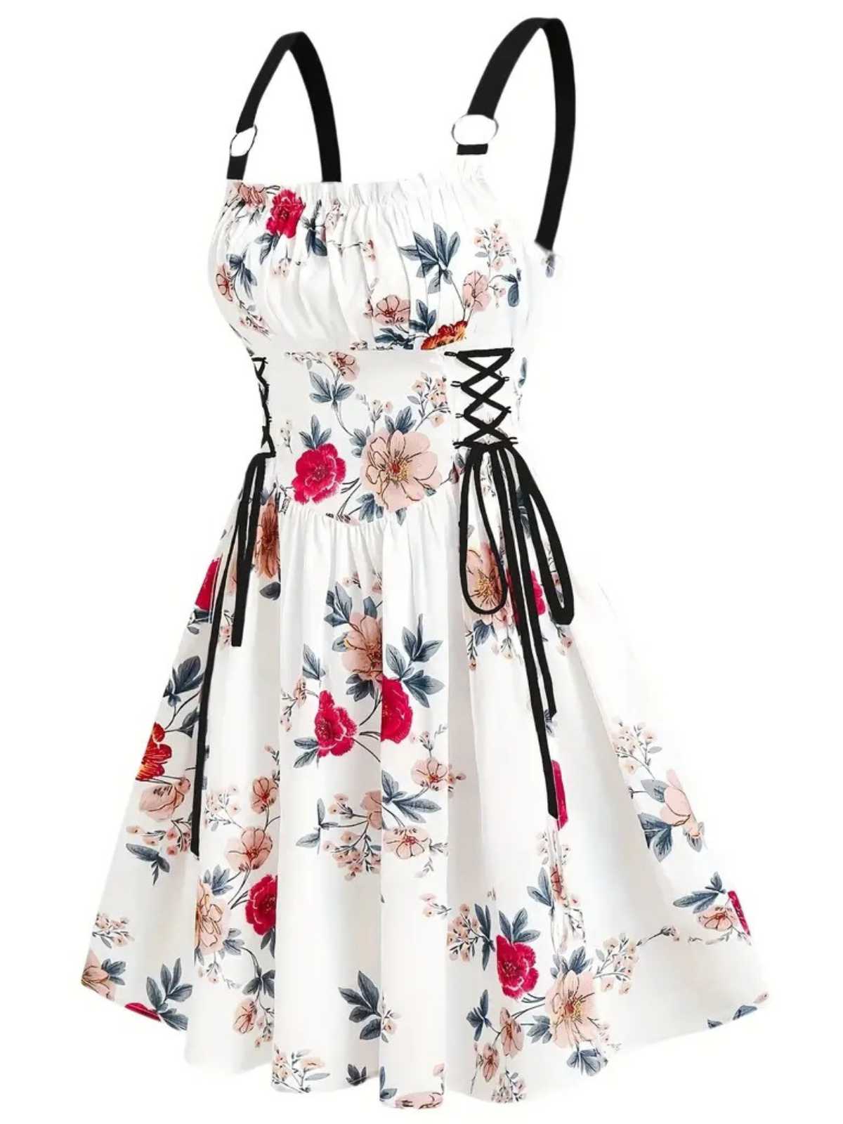 1950s Strap Floral Butterflies Lace-Up Corset Dress - Image 7