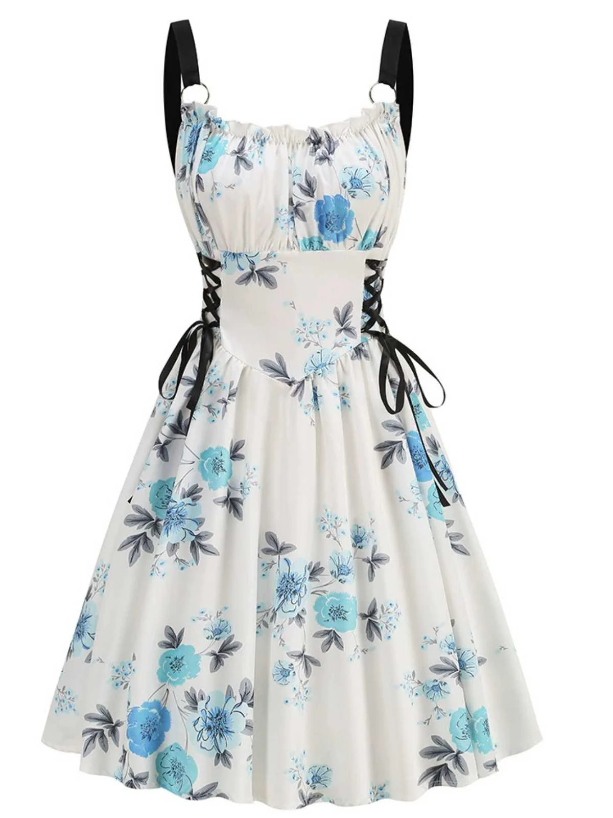 1950s Strap Floral Butterflies Lace-Up Corset Dress - Image 9