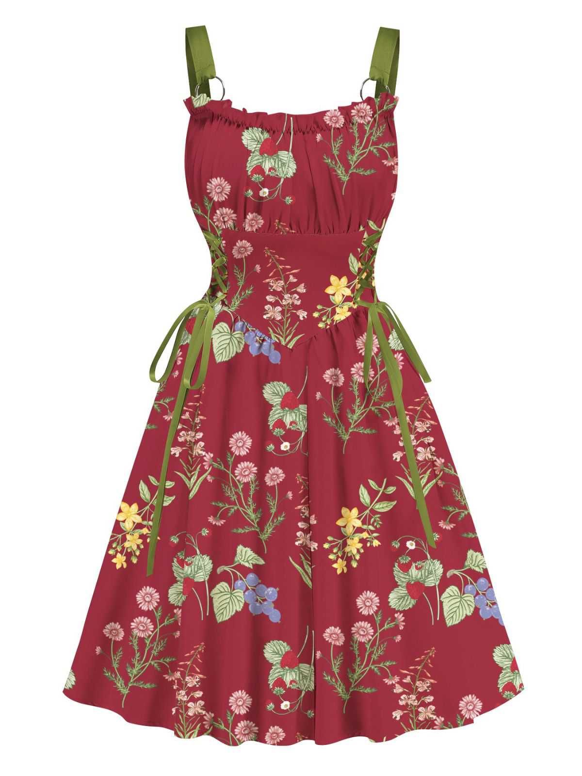 1950s Strap Floral Lace-Up Corset Dress - Image 12