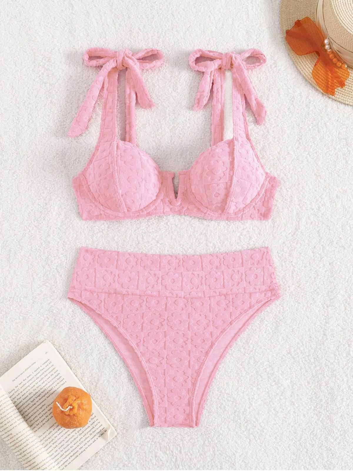 1950s Strap Floral Textured Solid Bikini Set - Image 3