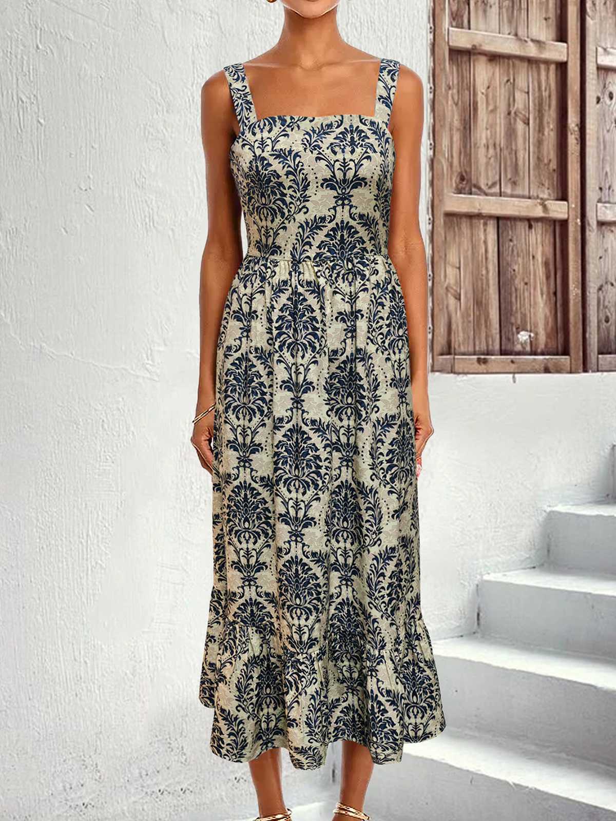 1950s Strap Square-Neck Tie-Back Floral Dress - Image 2