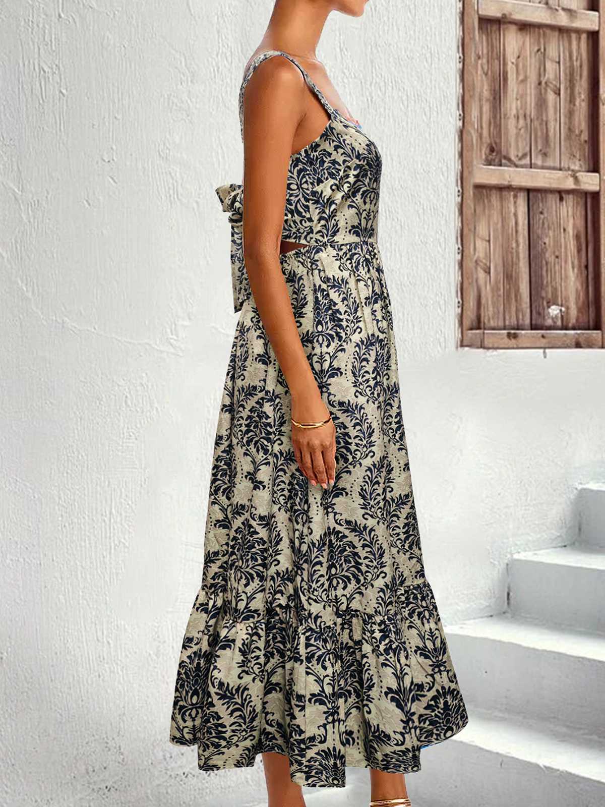 1950s Strap Square-Neck Tie-Back Floral Dress - Image 3