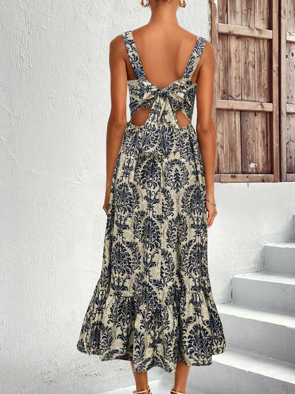 1950s Strap Square-Neck Tie-Back Floral Dress - Image 4