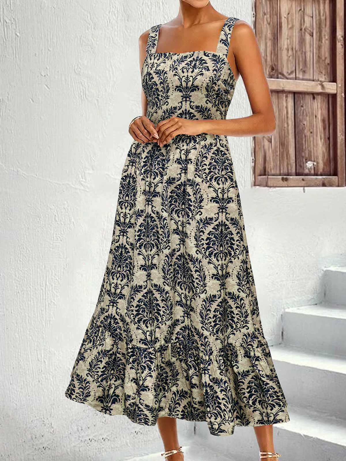 1950s Strap Square-Neck Tie-Back Floral Dress - Image 5