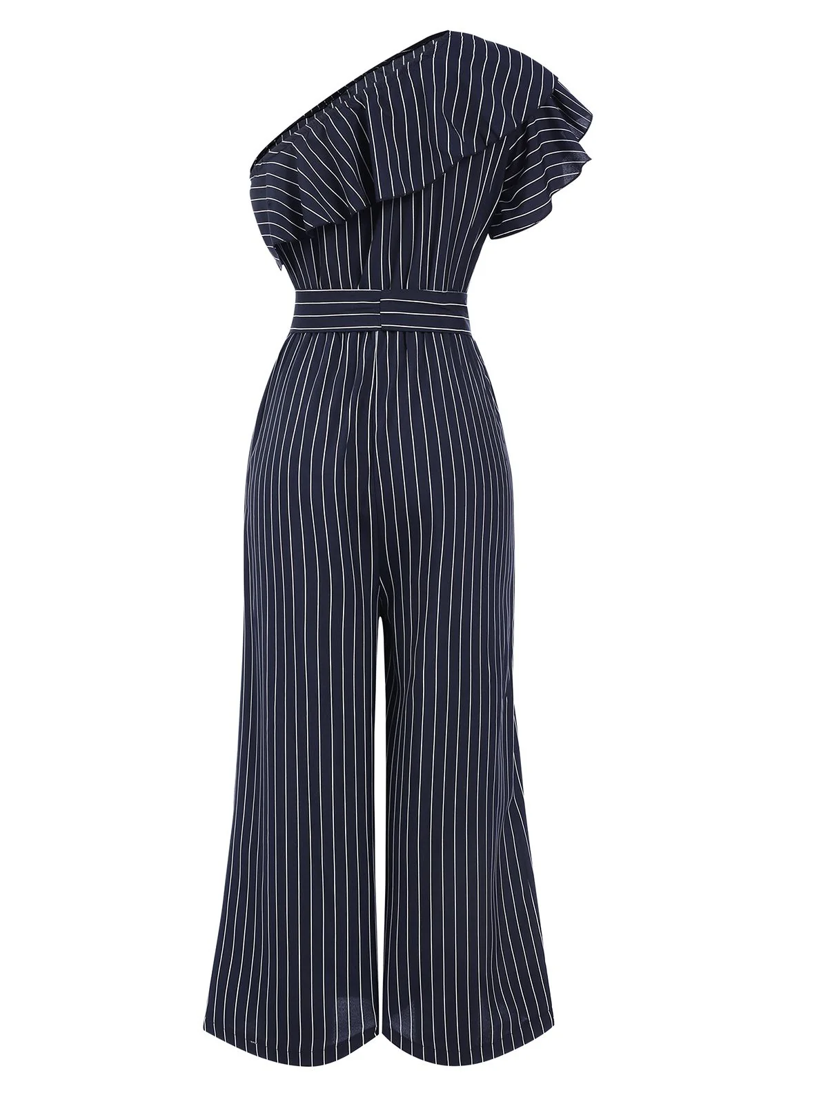1950s Striped Slanted Shoulder Ruffle Jumpsuit - Image 2