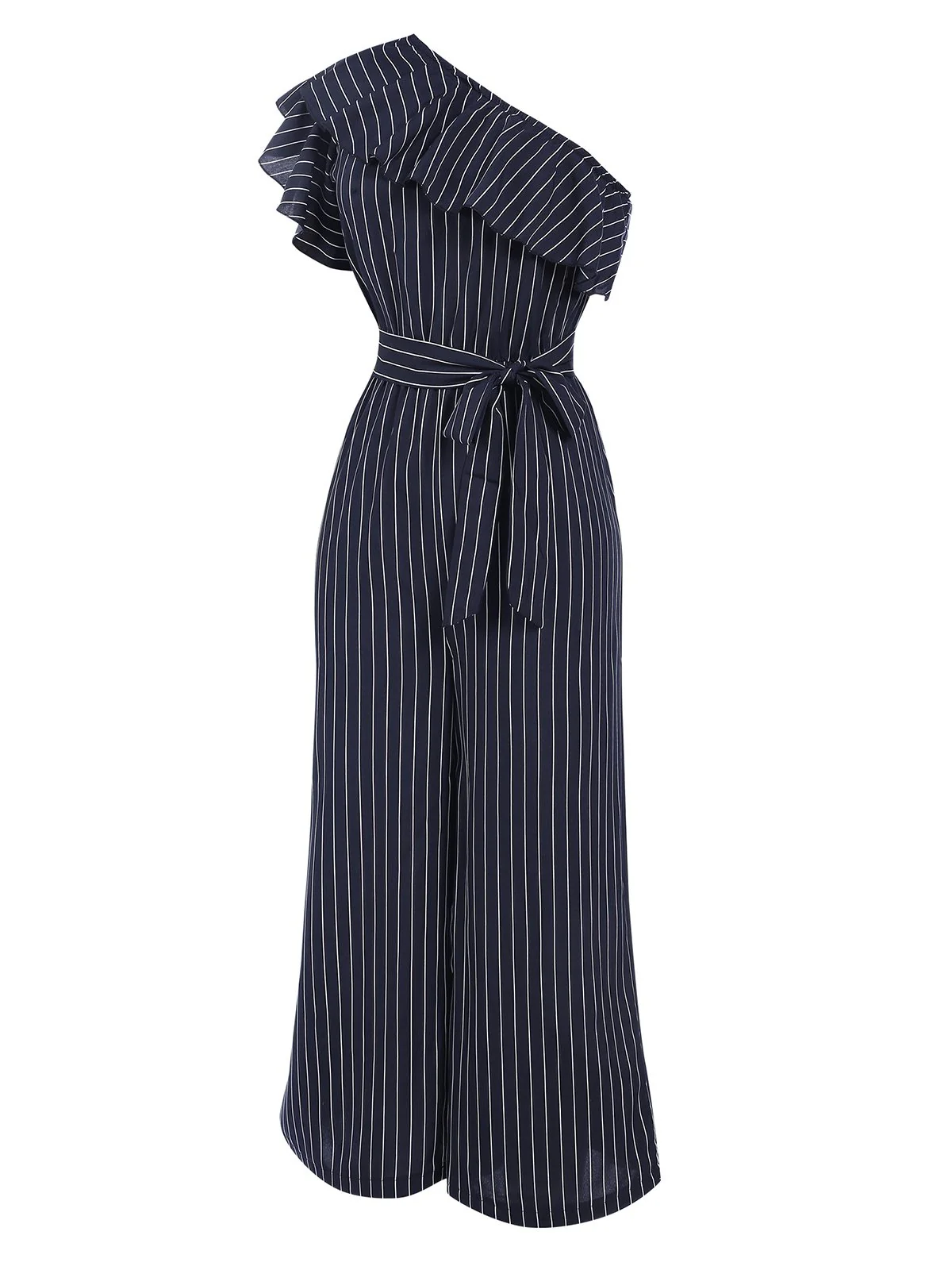 1950s Striped Slanted Shoulder Ruffle Jumpsuit - Image 3