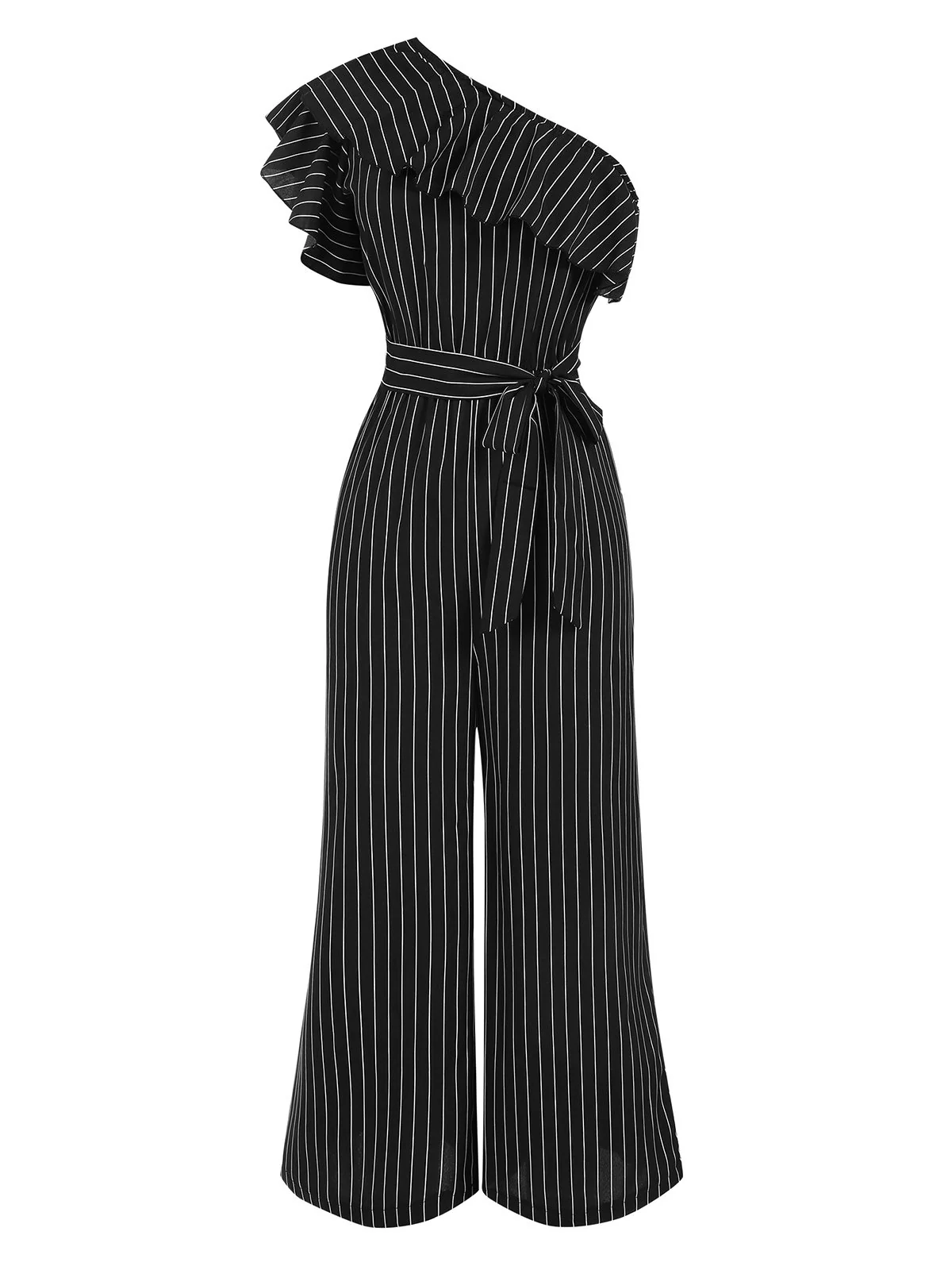 1950s Striped Slanted Shoulder Ruffle Jumpsuit - Image 6