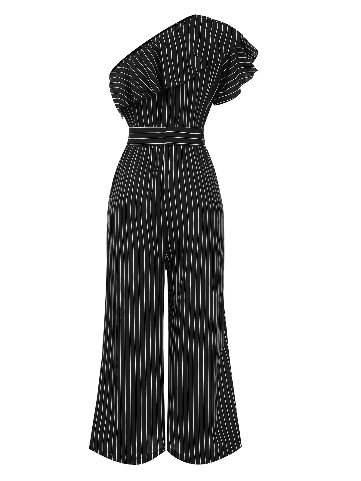 1950s Striped Slanted Shoulder Ruffle Jumpsuit - Image 7