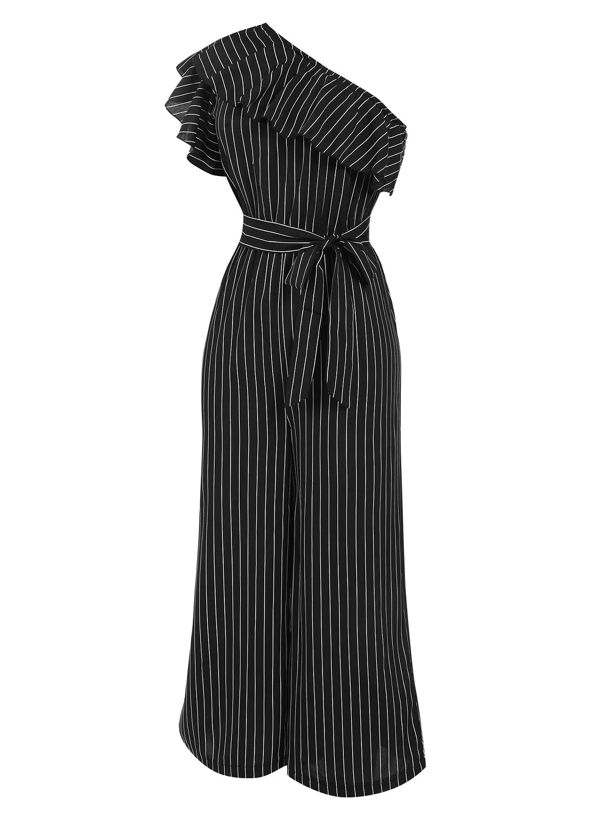 1950s Striped Slanted Shoulder Ruffle Jumpsuit - Image 8