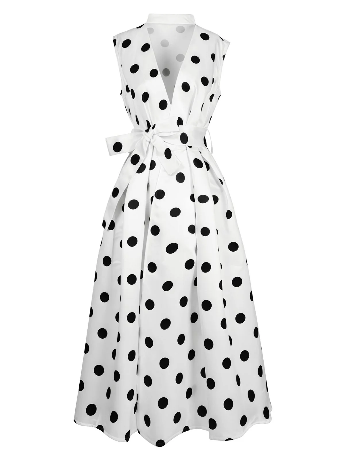 1950s Surplice V-Neck Polka Dot Belted Dress - Image 2