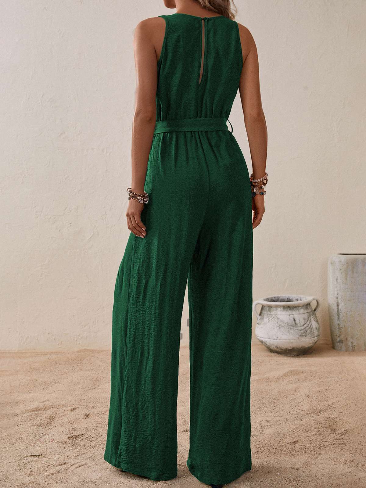 1950s Surplice V-Neck Solid Belted Jumpsuit - Image 12