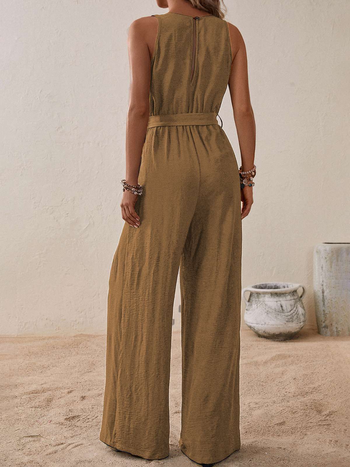 1950s Surplice V-Neck Solid Belted Jumpsuit - Image 14