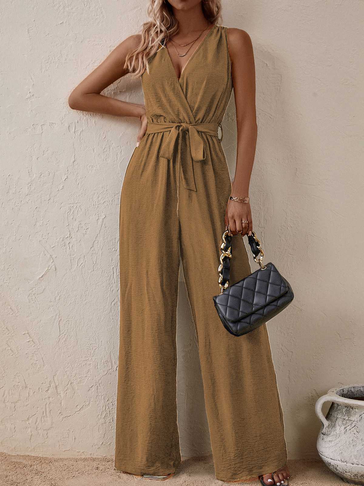 1950s Surplice V-Neck Solid Belted Jumpsuit - Image 16