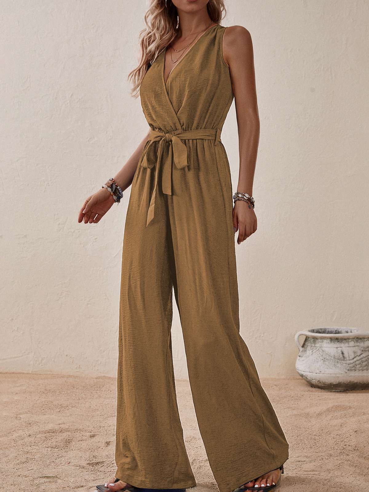1950s Surplice V-Neck Solid Belted Jumpsuit - Image 17