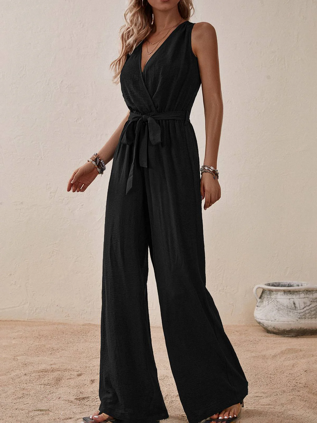 1950s Surplice V-Neck Solid Belted Jumpsuit - Image 2