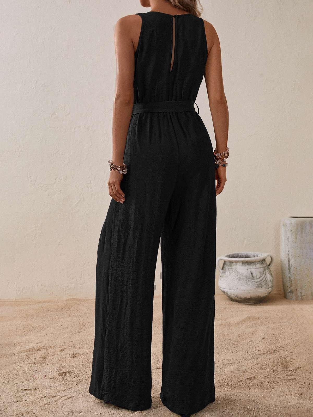 1950s Surplice V-Neck Solid Belted Jumpsuit - Image 3