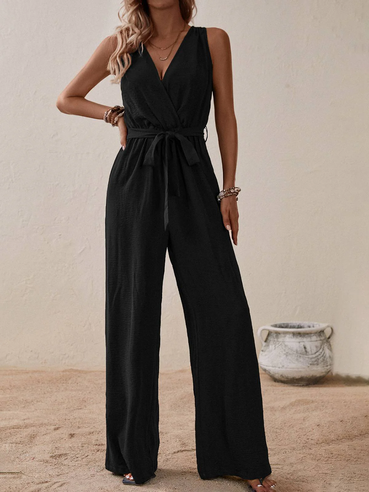 1950s Surplice V-Neck Solid Belted Jumpsuit - Image 4