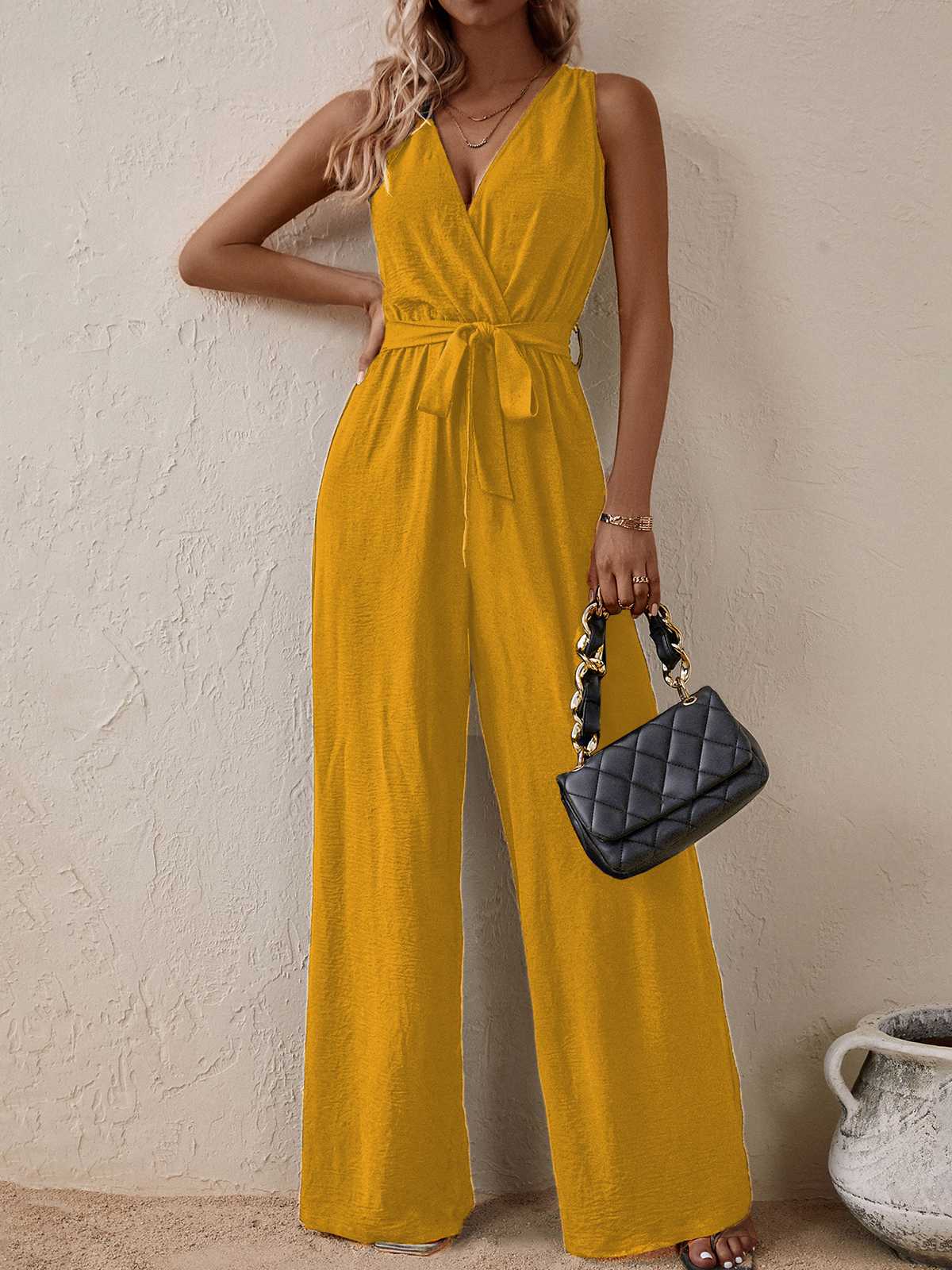 1950s Surplice V-Neck Solid Belted Jumpsuit - Image 5