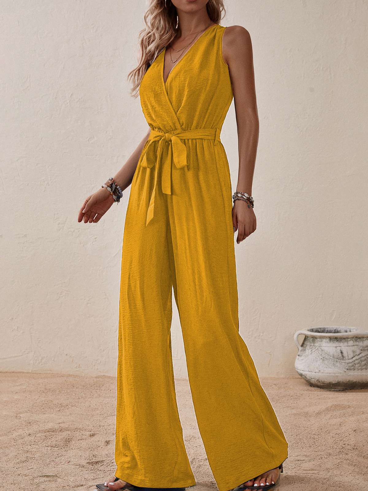1950s Surplice V-Neck Solid Belted Jumpsuit - Image 6