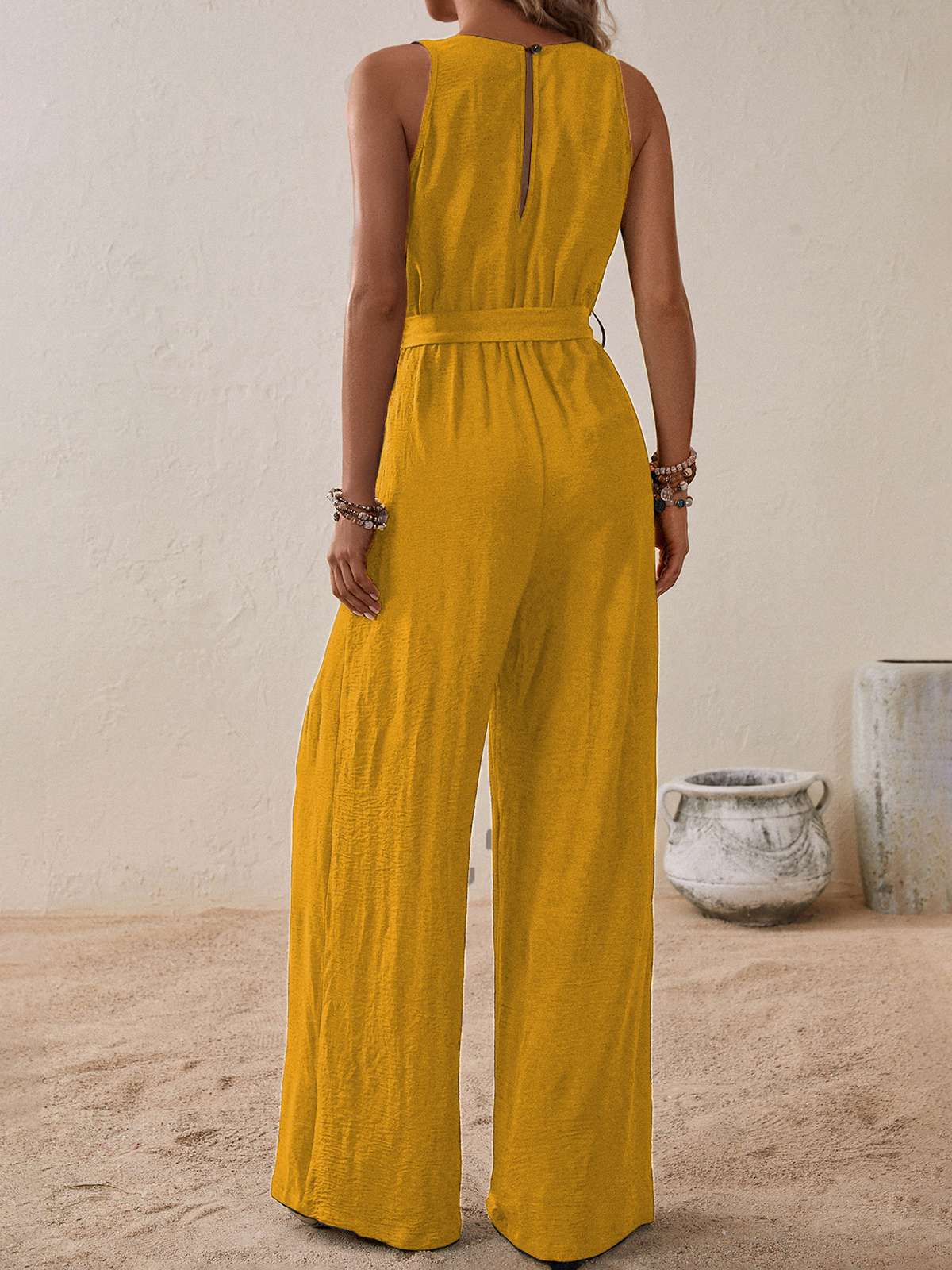1950s Surplice V-Neck Solid Belted Jumpsuit - Image 7