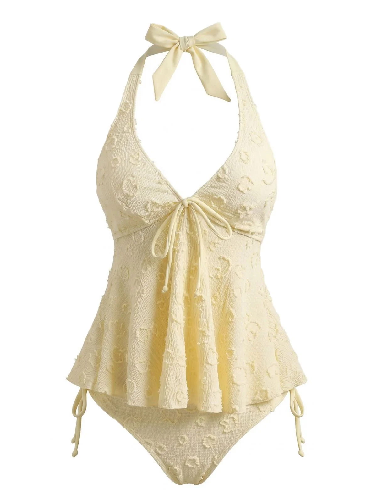 1950s Textured Floral Halter Deep V Tankini Set - Image 2