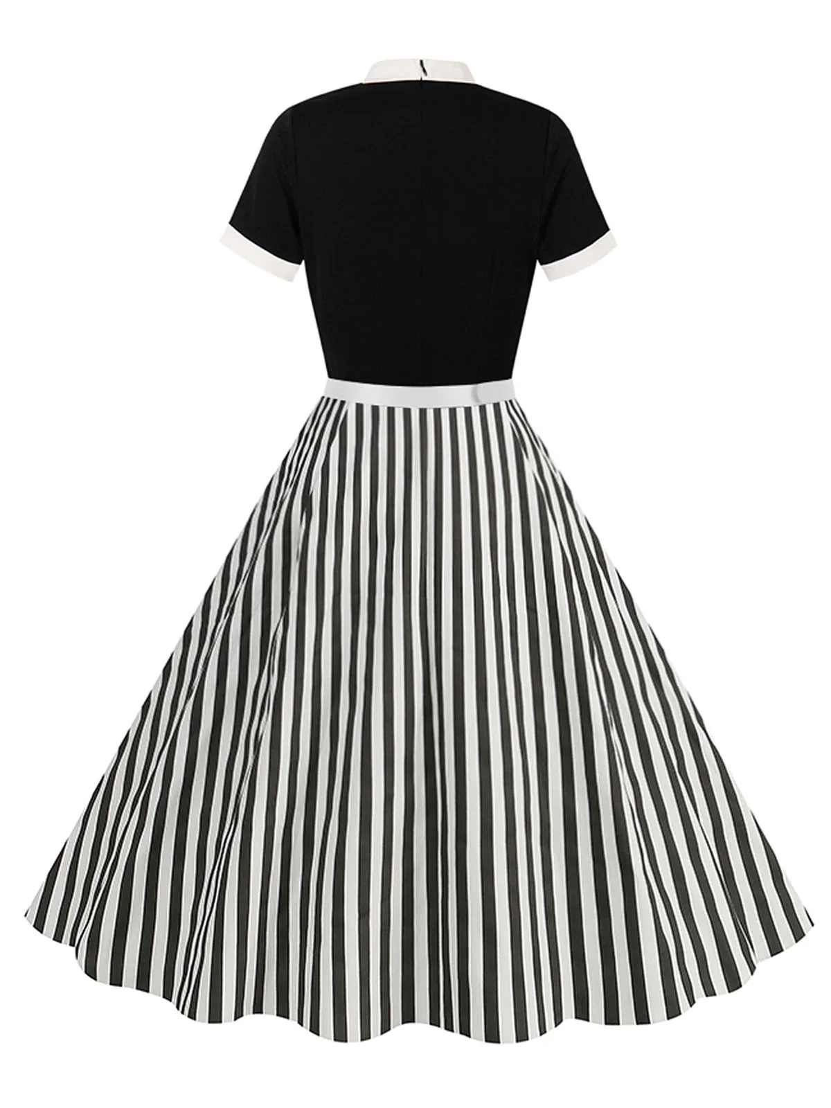 1950s Tie Neck Black & White Stripes Belted Dress - Image 2