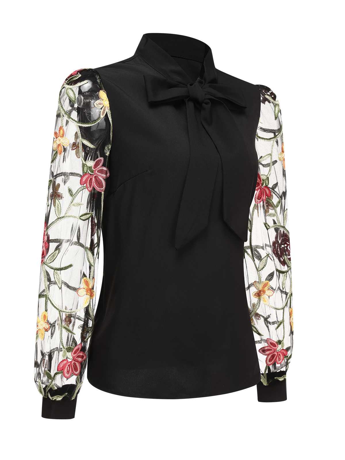 1950s Tie Neck Floral Embroidered Sheer Sleeves Blouse - Image 2