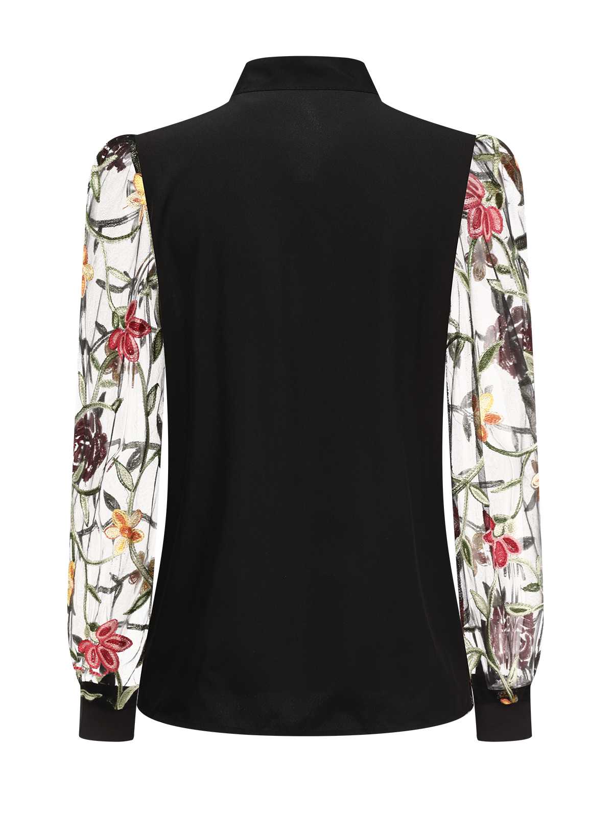 1950s Tie Neck Floral Embroidered Sheer Sleeves Blouse - Image 3