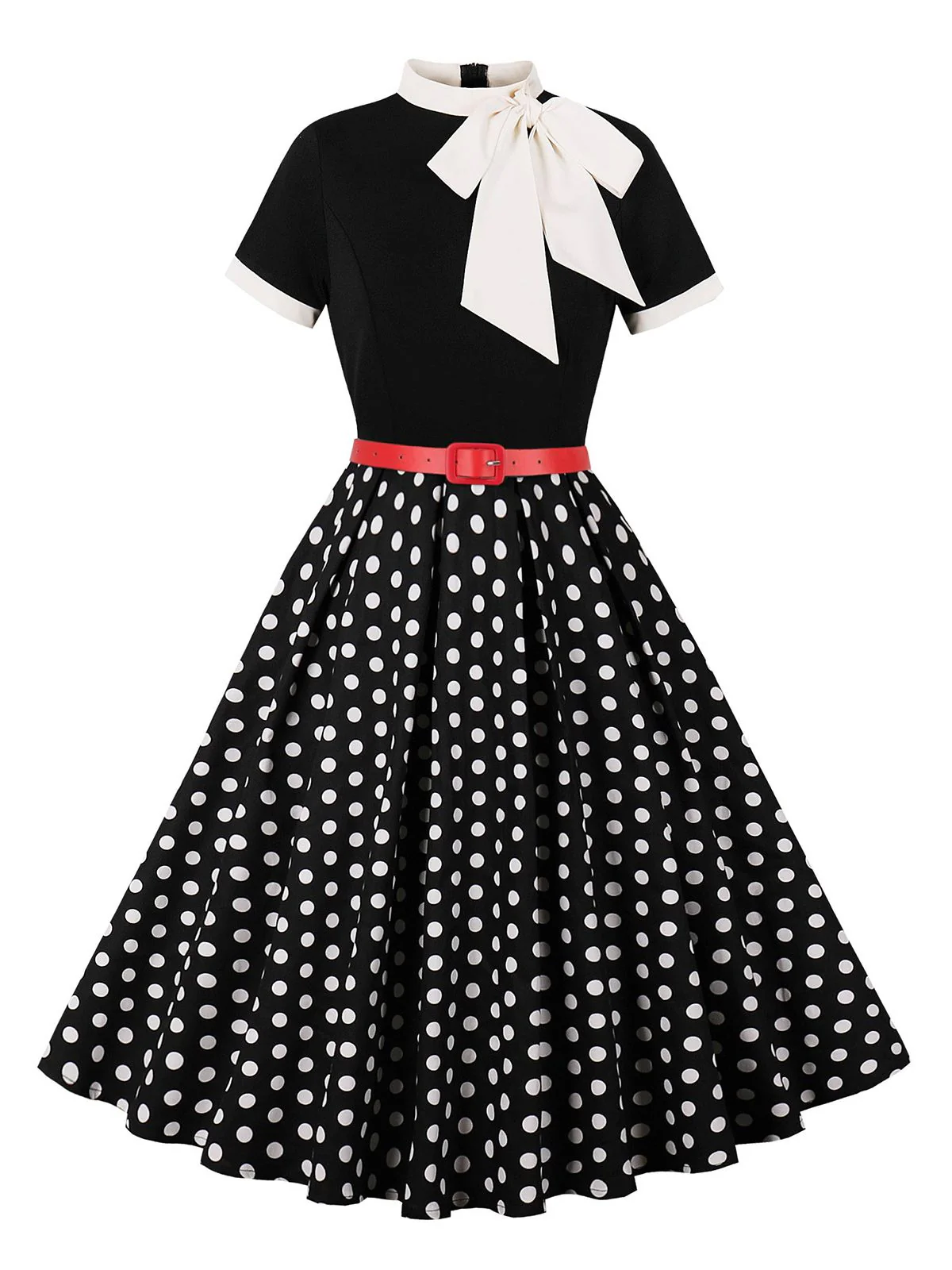 1950s Tie Neck Polka Dots Belted Dress - Image 3