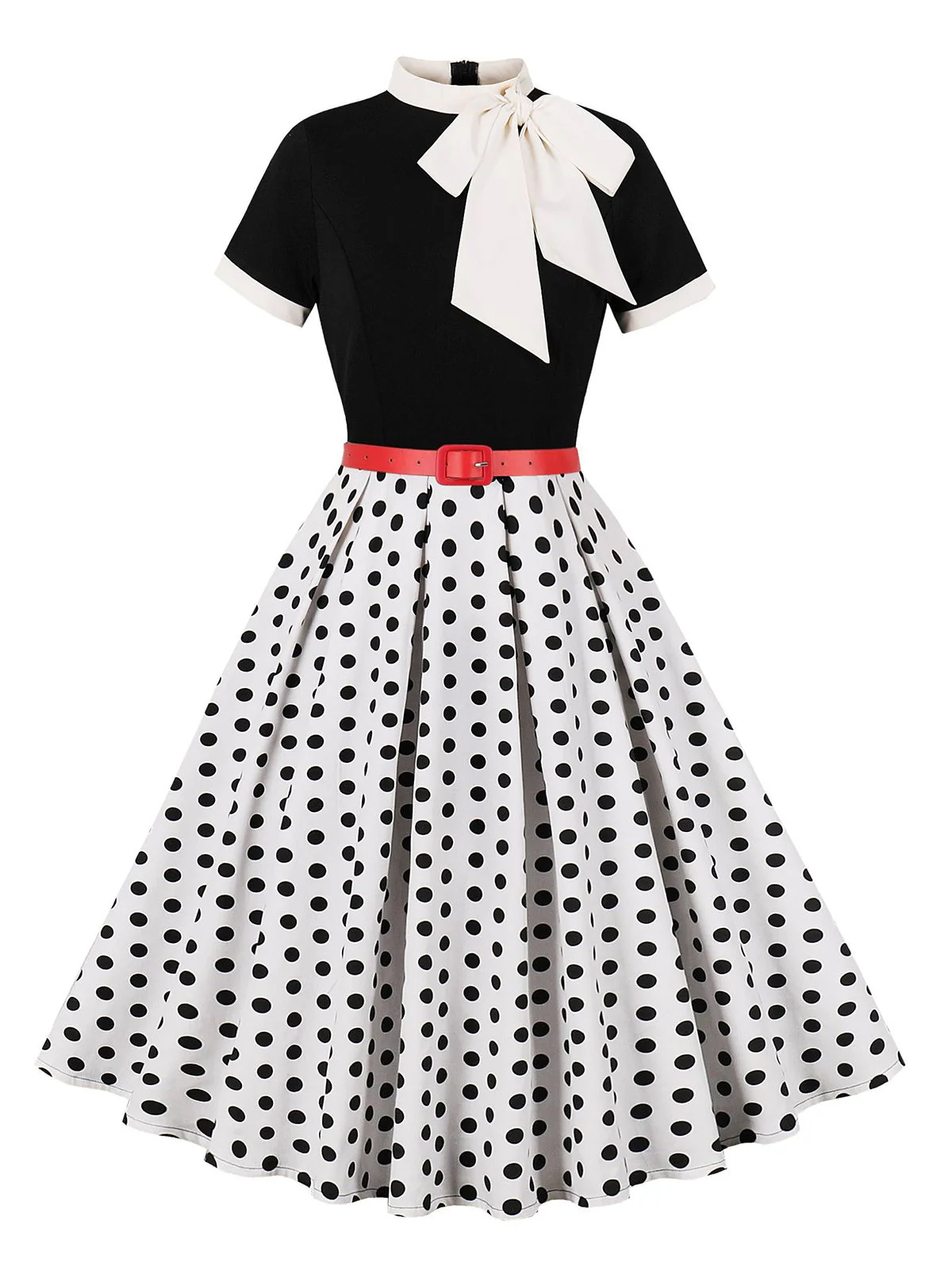 1950s Tie Neck Polka Dots Belted Dress - Image 5