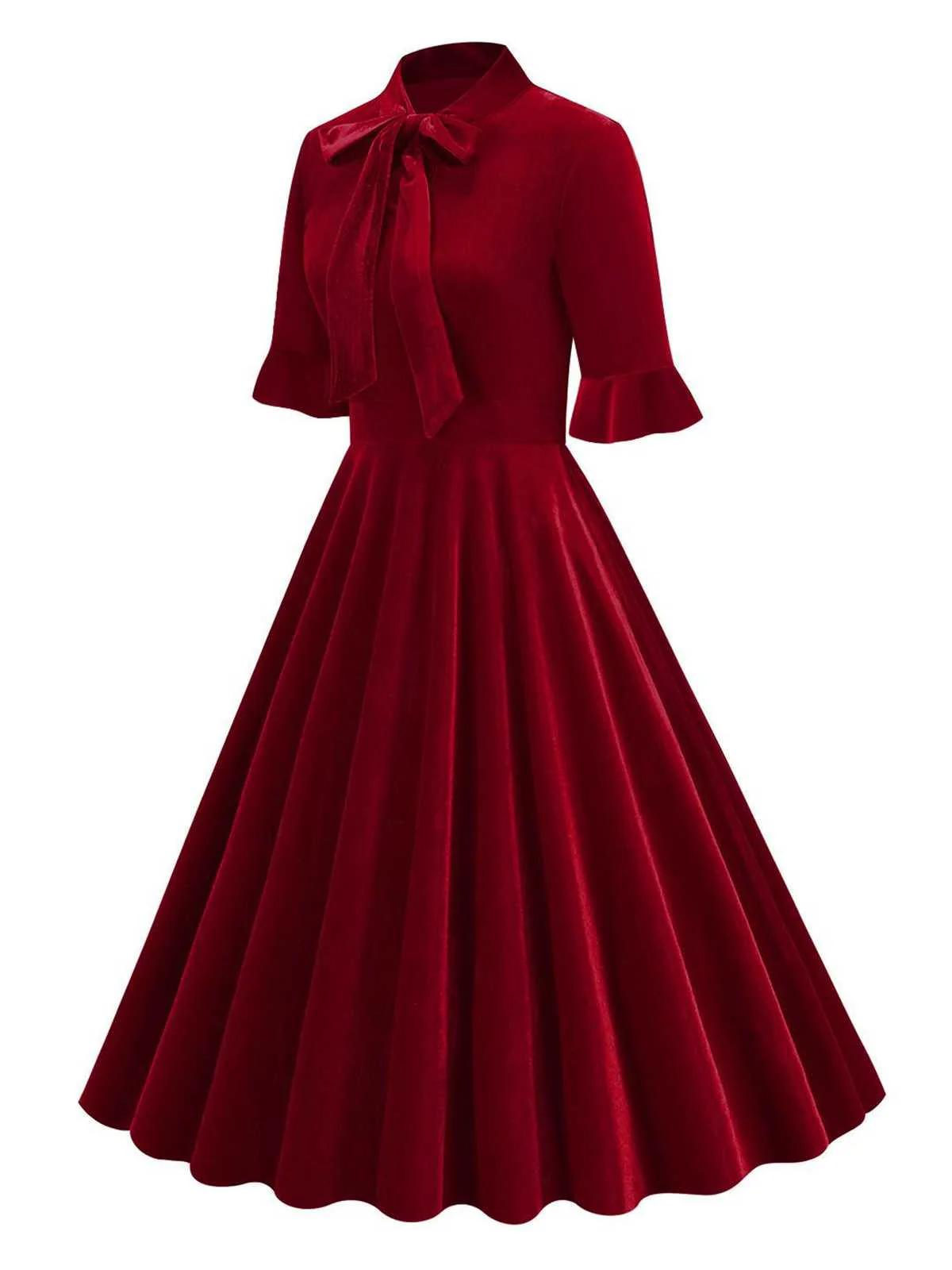 1950s Tie Neck Velvet Flared Sleeve Dress - Image 11