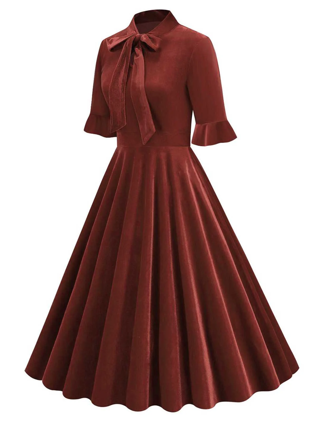 1950s Tie Neck Velvet Flared Sleeve Dress - Image 2