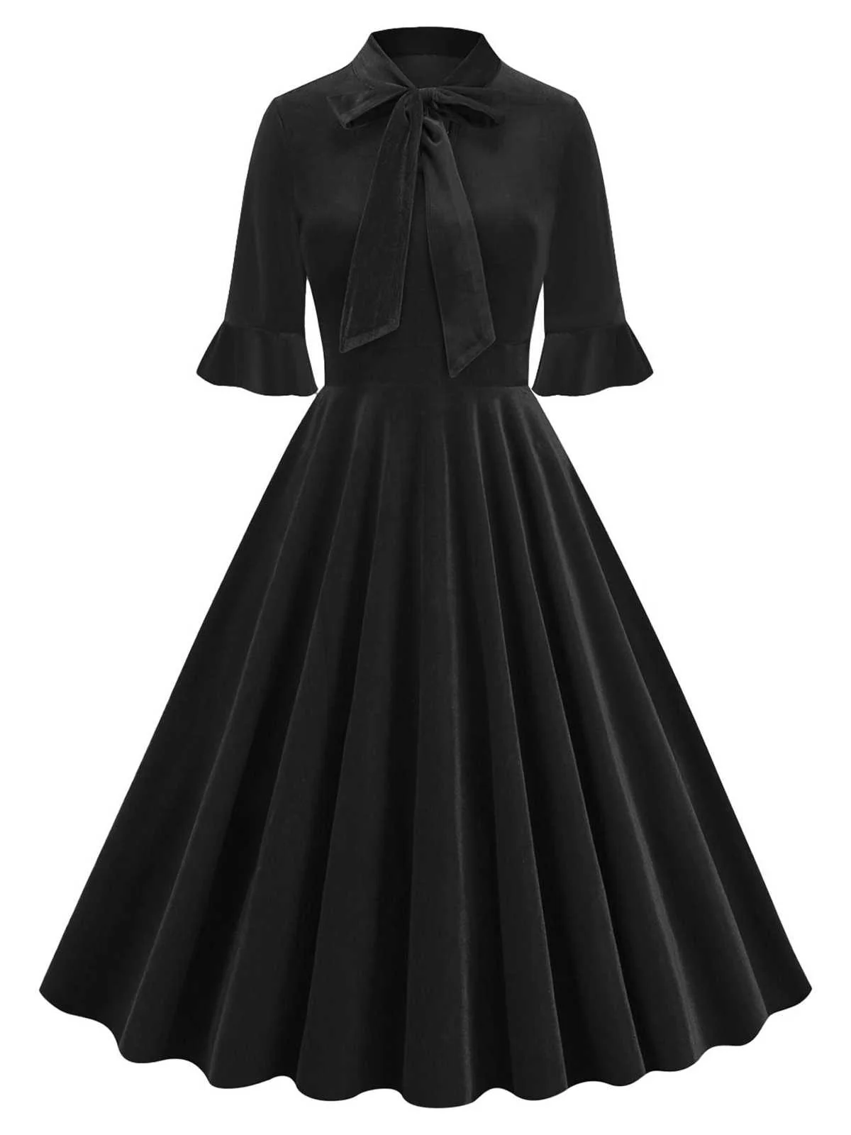 1950s Tie Neck Velvet Flared Sleeve Dress - Image 4