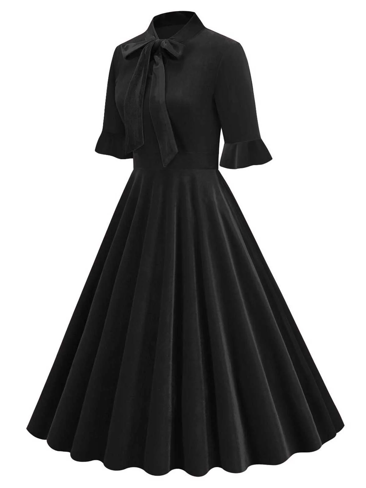 1950s Tie Neck Velvet Flared Sleeve Dress - Image 5