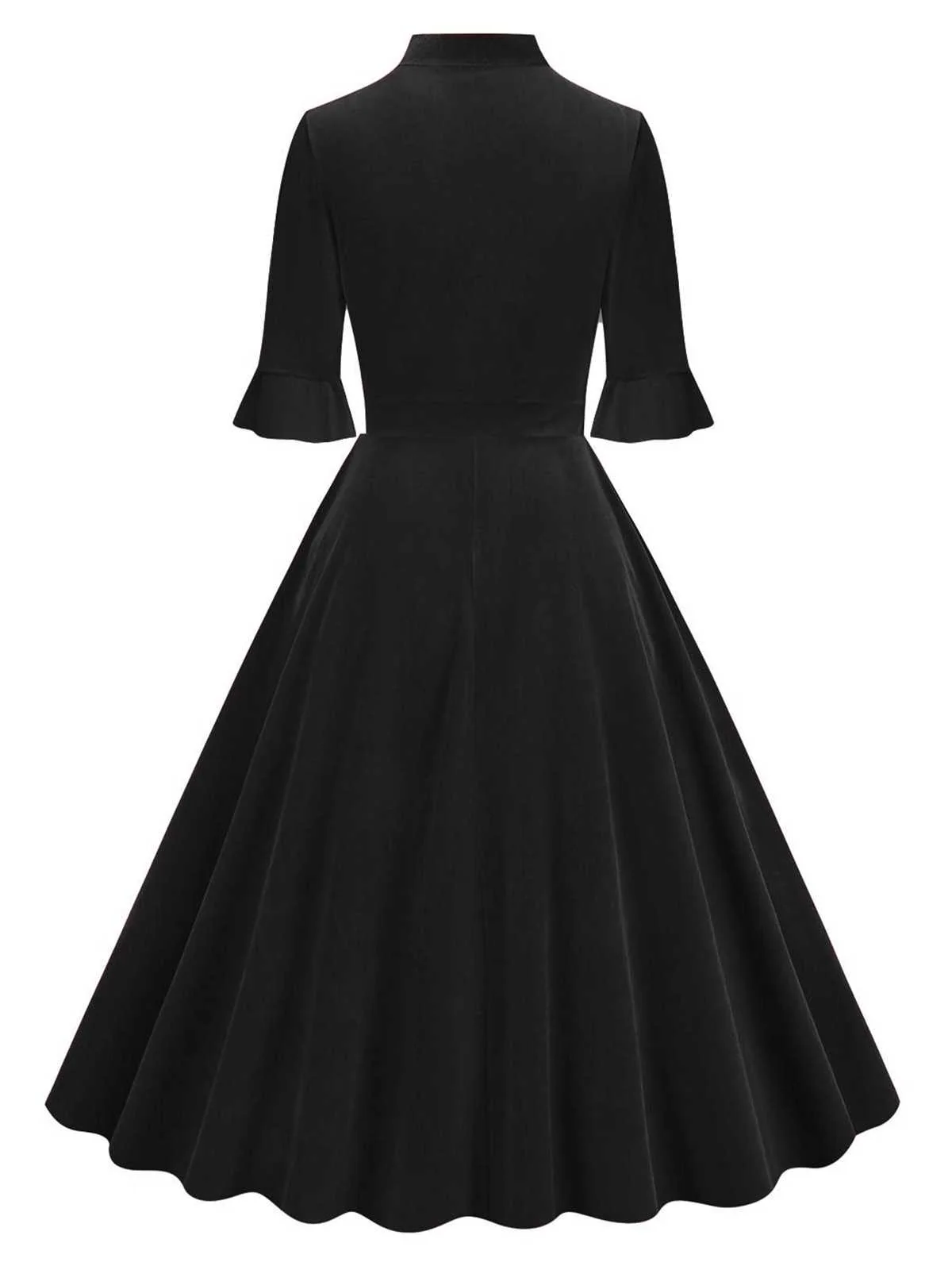 1950s Tie Neck Velvet Flared Sleeve Dress - Image 6