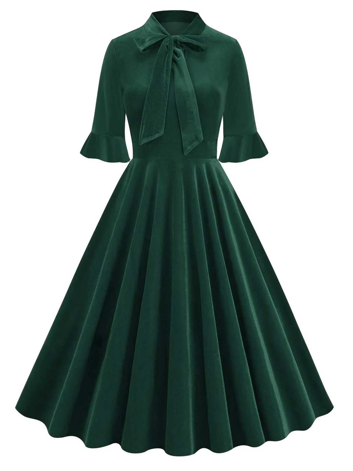 1950s Tie Neck Velvet Flared Sleeve Dress - Image 7