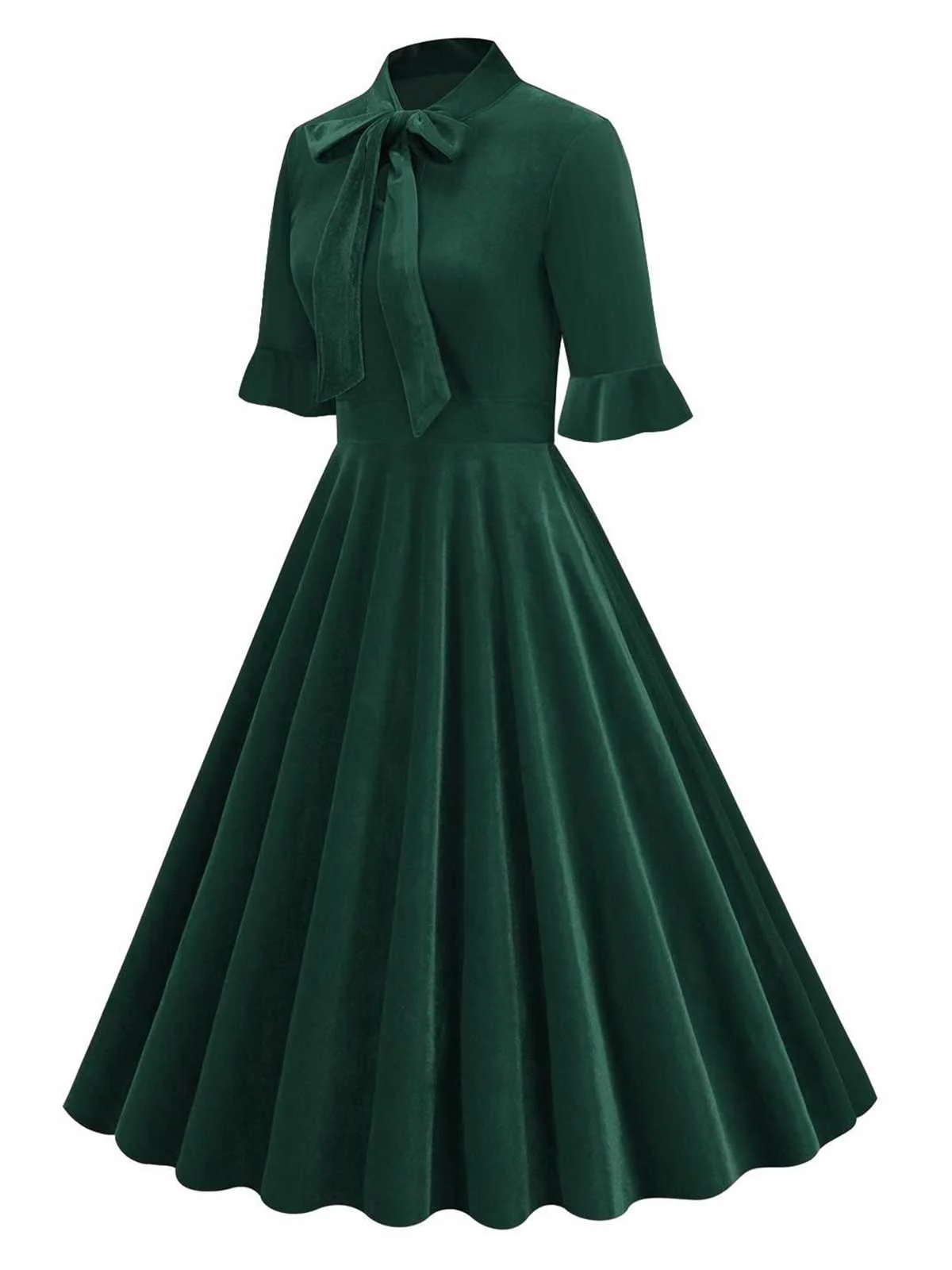 1950s Tie Neck Velvet Flared Sleeve Dress - Image 8