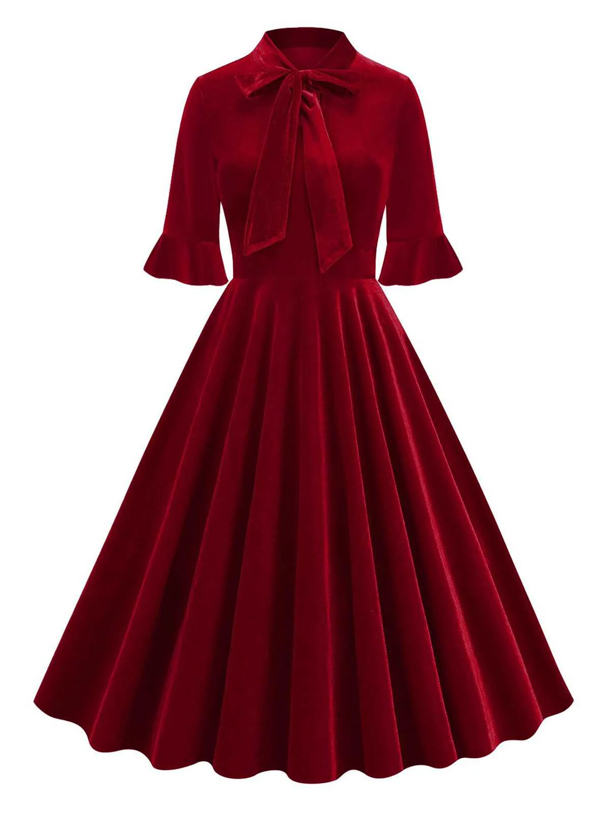 1950s Tie Neck Velvet Flared Sleeve Dress - Image 9