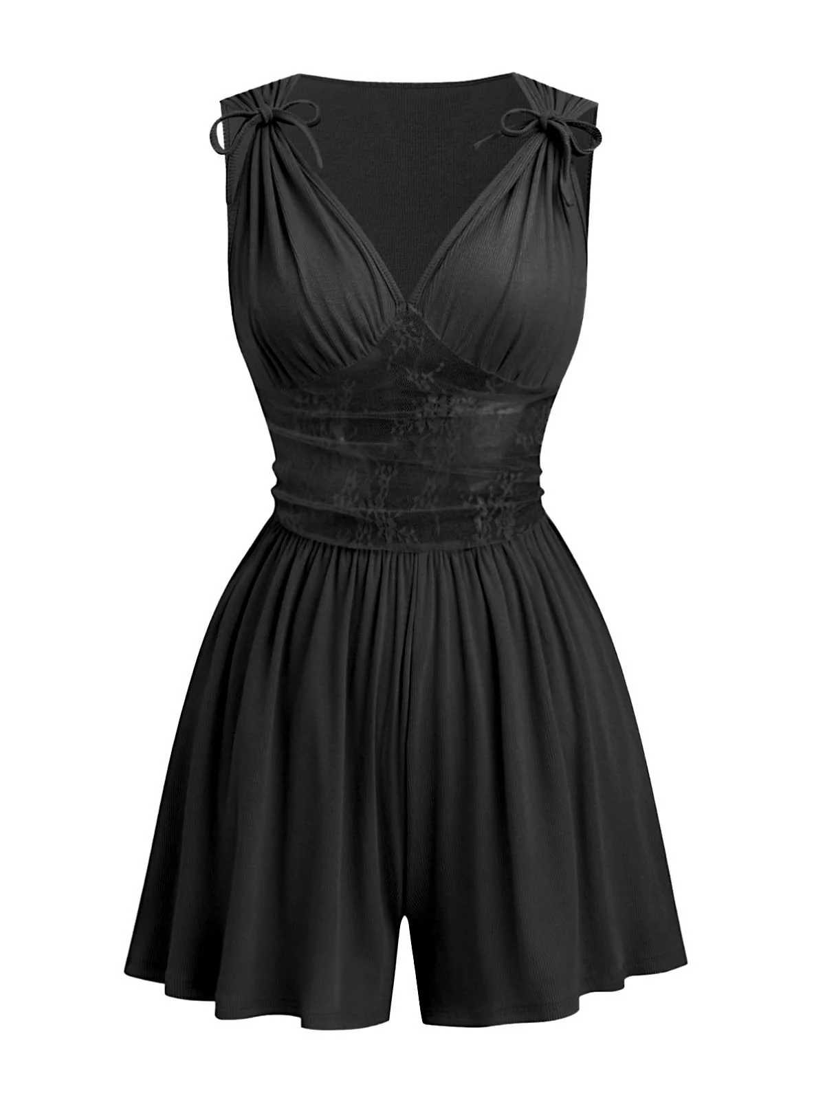 1950s Tie-Shoulder Lace Waist V-Neck Fit Romper - Image 7